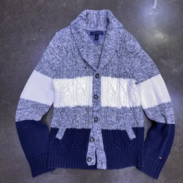 타미힐피거 케이블 배색 숄카라 넥 가디건 스웨터 S