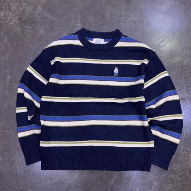후아유 스티브 곰돌이 스트라이프 니트 스웨터 네이비 L
