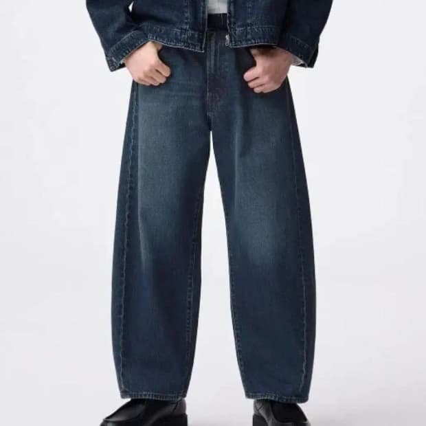 GU 배럴 레그 진 워싱 데님팬츠 와이드핏 블루 32