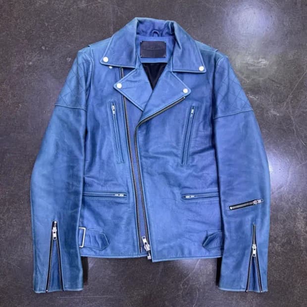 비바스튜디오 x무신사 하드 레더 라이더자켓 에메랄드 블루 S