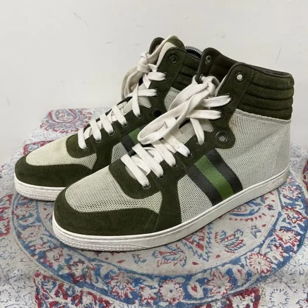 구찌 GUCCI 정품 카키 매쉬 삼선 하이탑 스니커즈 7.5 E01638