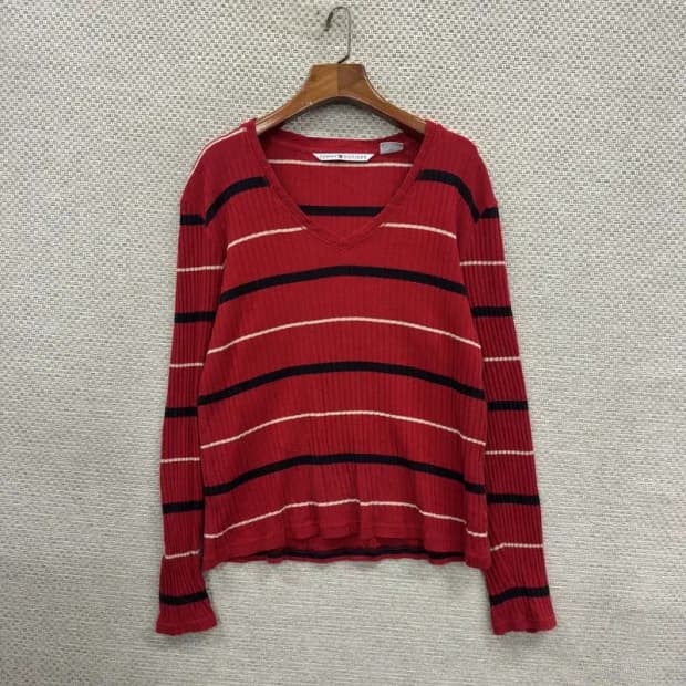 타미힐피거 브이넥 골지 스트라이프 코튼 니트 105 D11133
