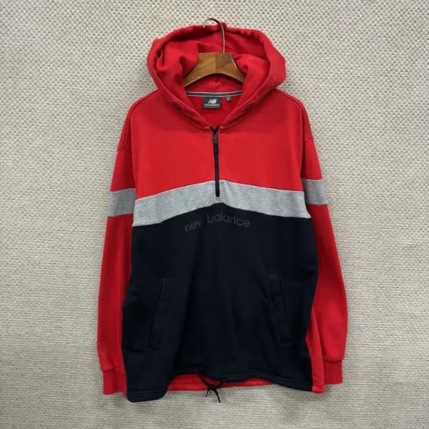 뉴발란스 캐주얼 프린팅로고 배색 오버핏 반집업 후드티 90 A00496