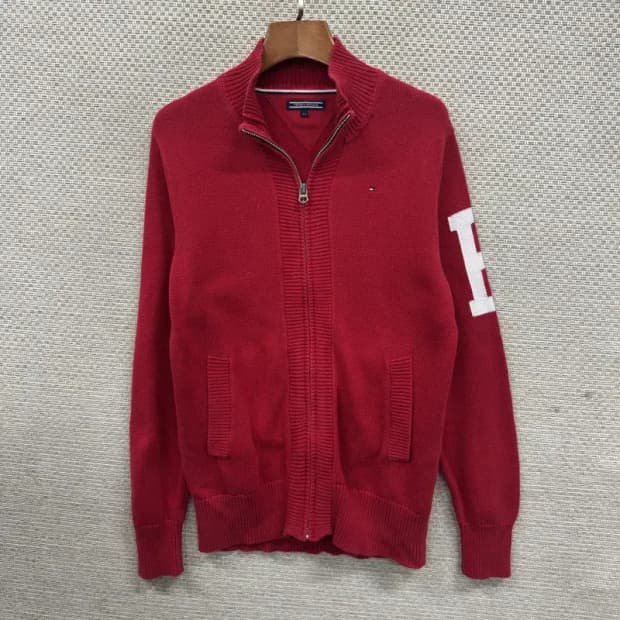 타미힐피거 캐주얼 자수로고 코튼 니트 집업 가디건 164 A05591