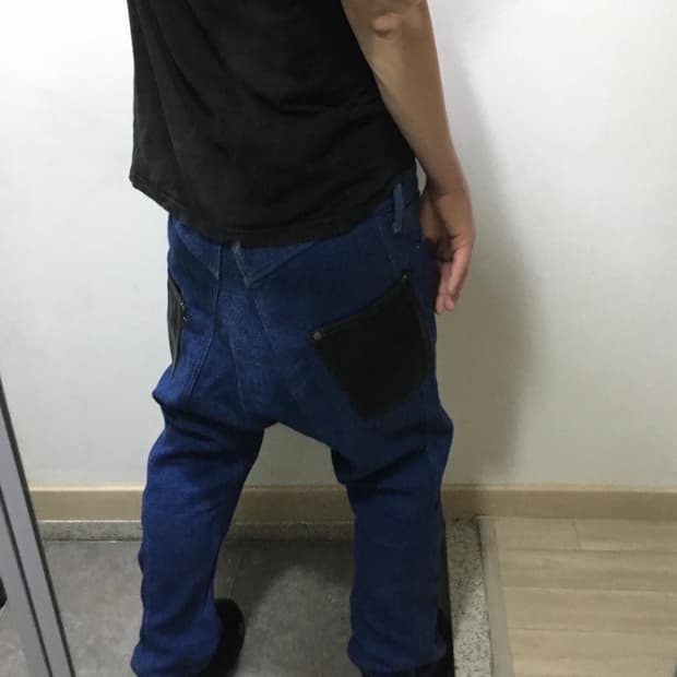 준야 와타나베 15SS 사시코 레더 패치 사루엘 팬츠