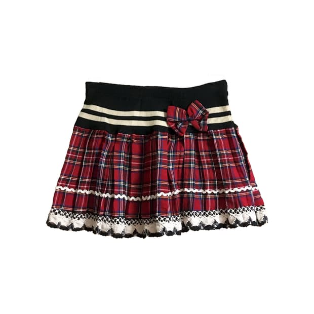 레드 체크 리본 미니 스커트 캐캐체 갸루 데코라 연말룩