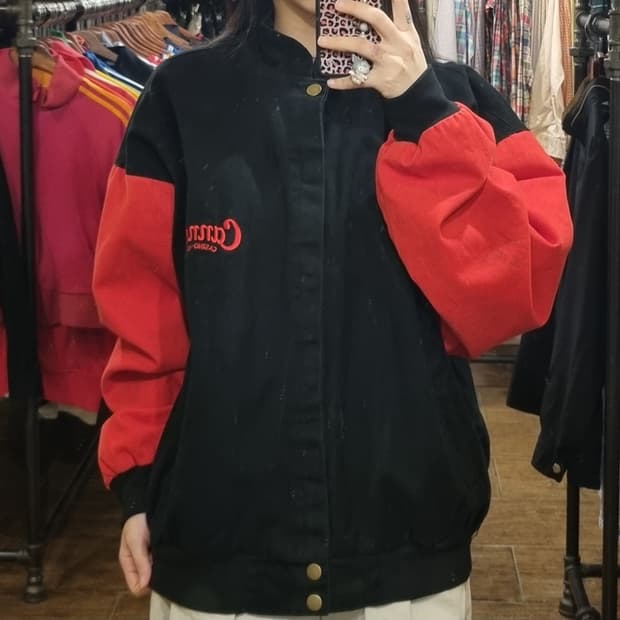 [Hi] vtg 빈티지 데님 바시티 자켓 블랙/레드