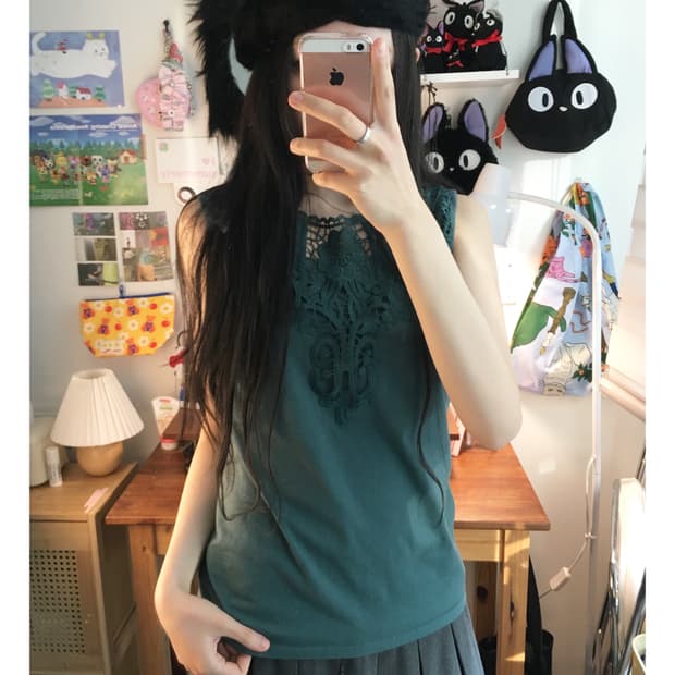 vintage lace sleeveless top deep green