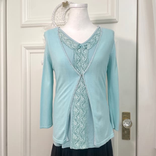 mint cubic one-button cardigan&lace trim