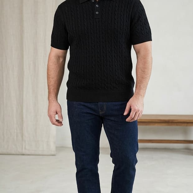 [XXL] 미나브(minav) 케이블 니트 카라 반팔 티셔츠 (블랙)