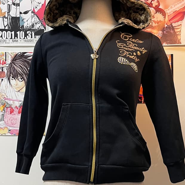 y2k 고양이 귀 호피 퍼 후드 집업