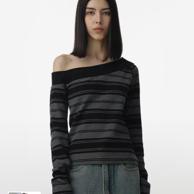 원 숄더 스트라이프 티셔츠 [차콜 그레이]