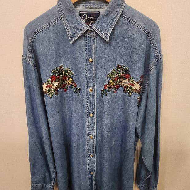 ((미국 빈티지))고양이🐱자수 데님 긴팔 청남방