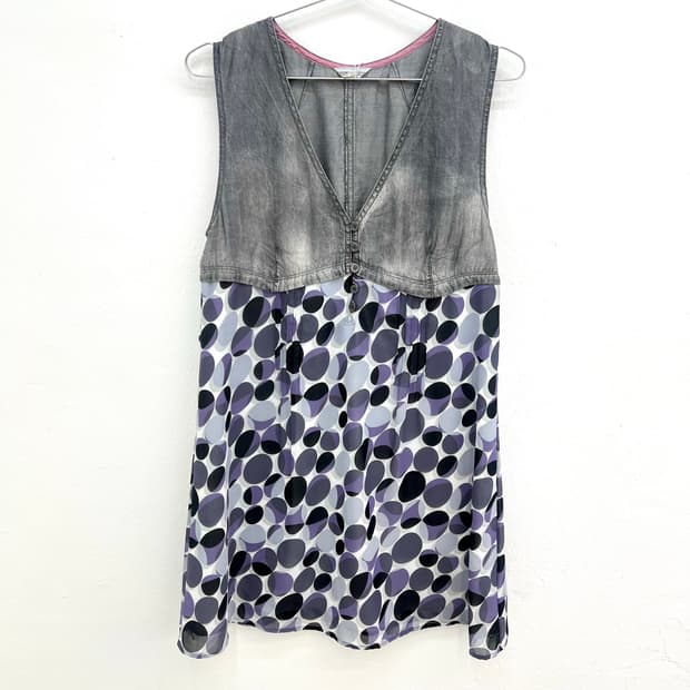Denim layered polka dot sleeveless dress