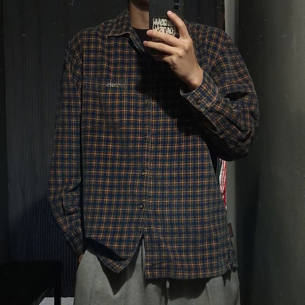 반스 90s 네이비 오렌지 타탄체크 올드스쿨 스트릿 코듀로이 남방 셔츠