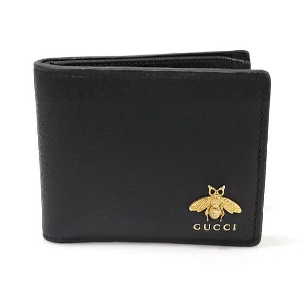 구찌 523664 블랙 레더 메탈 비 애니멀리에 반지갑 EP77145GU