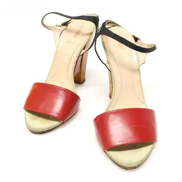 펜디 레드 레더 멀티 컬러 새틴 트리밍 여성 샌들 36 21964FD
