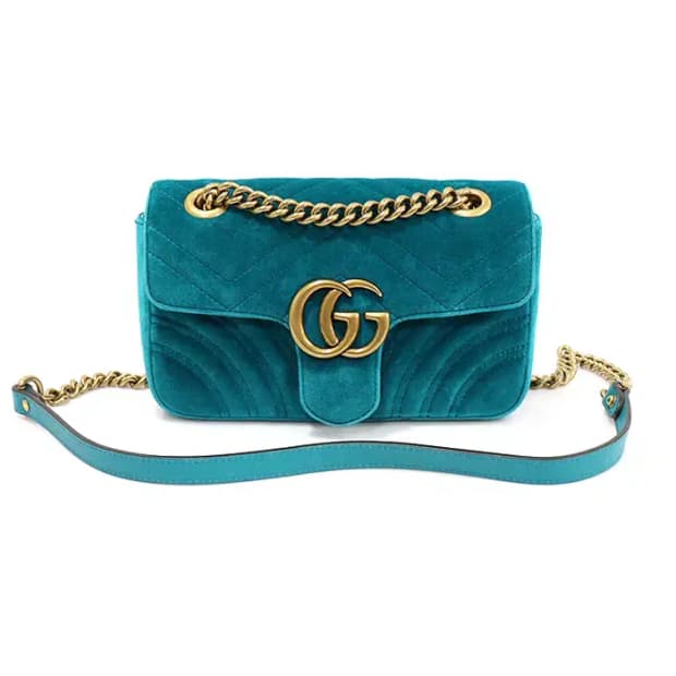 구찌 446744 블루 그린 벨벳 마몽 미니 숄더백 CO15647GU