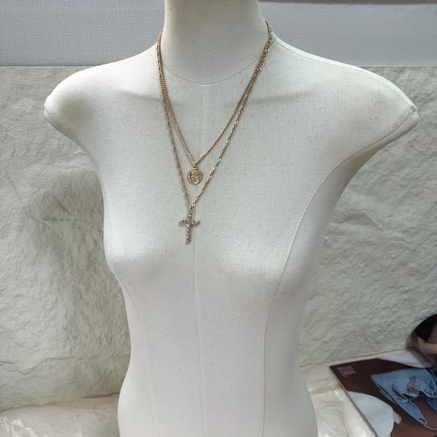 빈티지 에스닉 꽈배기 쿠바체인 십자가 레이어드 목걸이