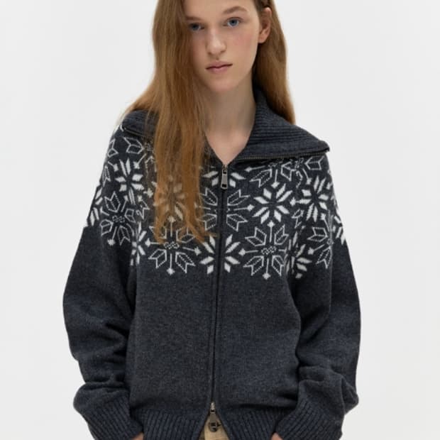 드파운드 자가드 패턴 울 집업 니트 가디건 F depound