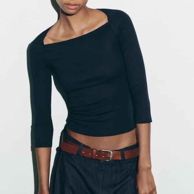 ZARA 자라 모달코튼 스퀘어넥 긴팔 티셔츠 네이비 