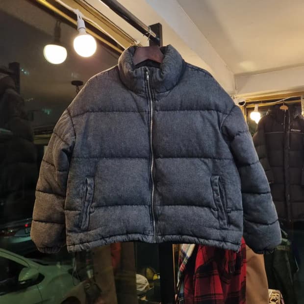 V2 피그먼트 실사이즈 M~L 흑청 회청 워싱 오리털 덕다운 패딩자켓