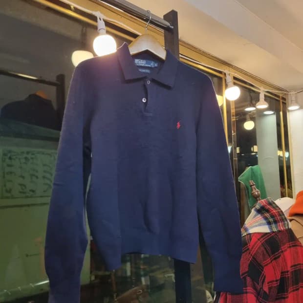 실사이즈 L 폴로 랄프로렌 100% 램스울 레드 포니 네이비 카라긴팔티