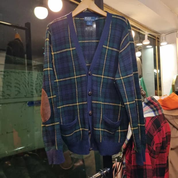 XL 폴로 랄프로렌 클래식 블랙와치 타탄체크 팔꿈치 스웨이드 패치 가디건