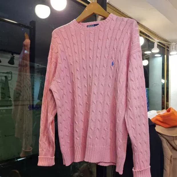 폴로 랄프로렌 실사이즈 105 블루 포니 코튼 100% 꽈배기니트 연핑크
