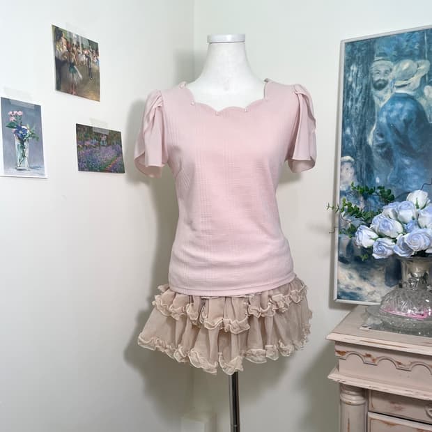 pink beads point puff sleeve top(size-M)