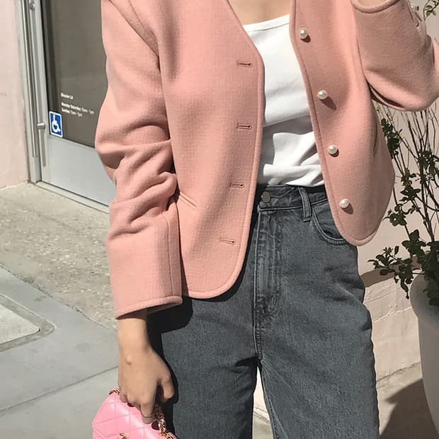 (새상품) 제이투유 펄블레어 트위드 자켓 코랄핑크