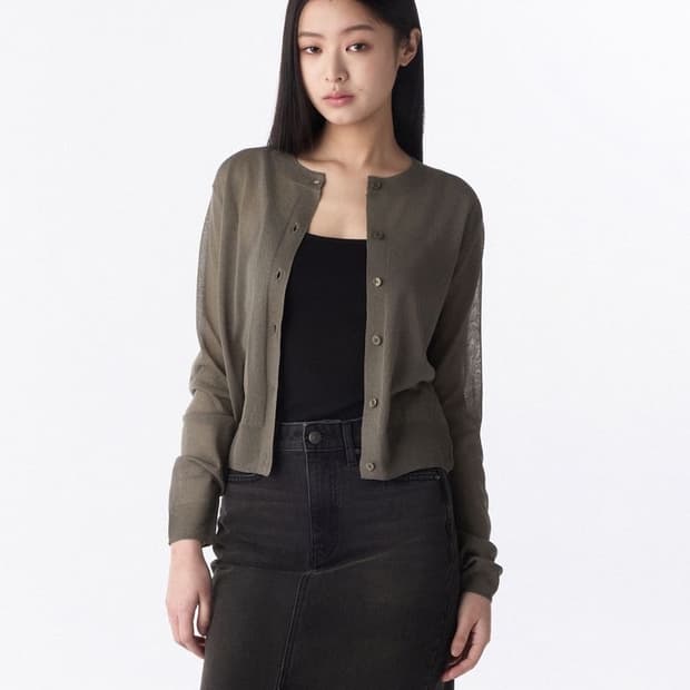무신사 스탠다드 우먼 시어 라운드 넥 가디건 여름 웜 그레이 M
