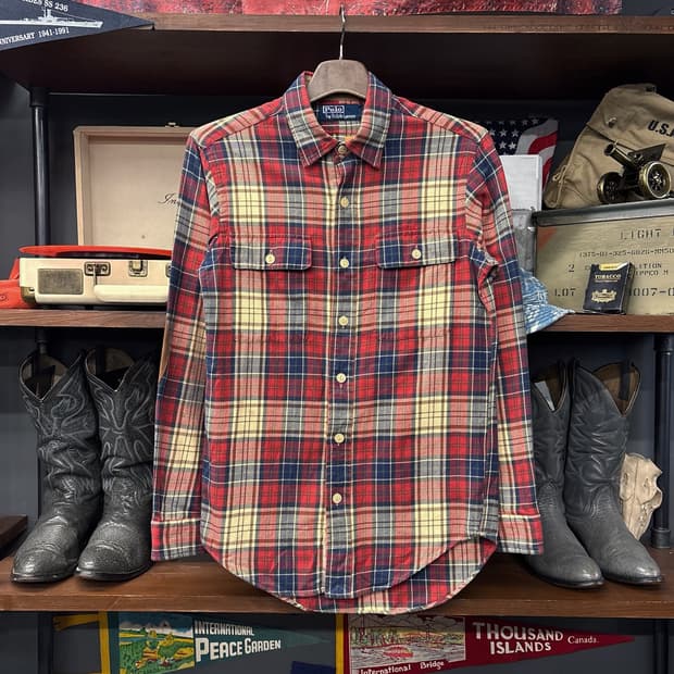 90s 폴로 랄프로렌 플래드 체크 레더패치 플란넬 워크셔츠 N1079