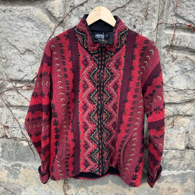아이슬랜딕 빈티지 나바호 에스닉 패턴 자수 니트 집업 플리스
