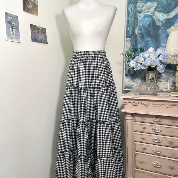 black gingham check long banding skirt