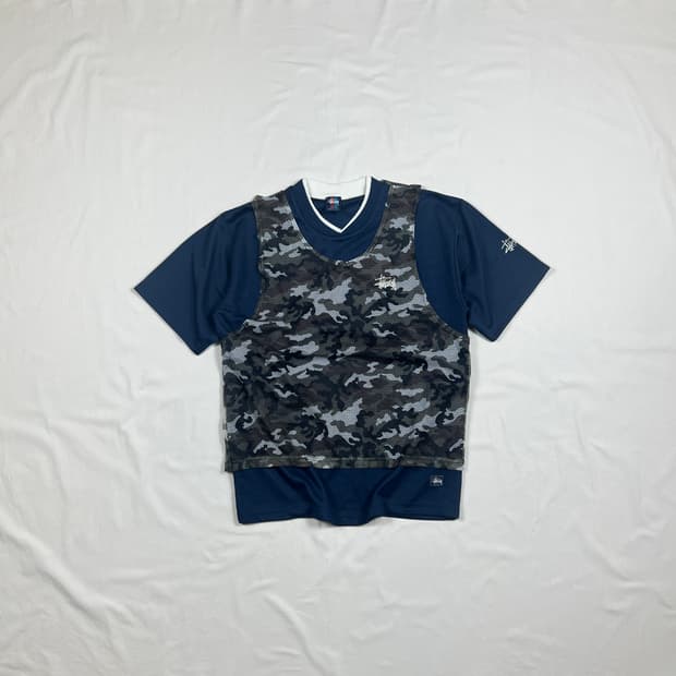90‘s 스투시 stussy 빅로고 카모 레이어드 반팔저지