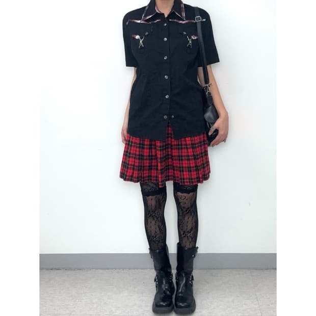 빈티지 레드 플리츠 체크 스커트