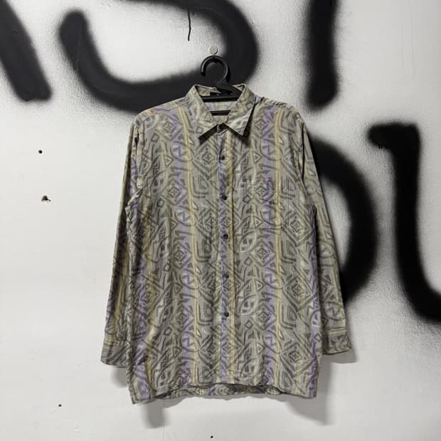 VTG 빈티지 마오리 트라이벌 풀 패턴 원포켓 코튼 긴팔 셔츠