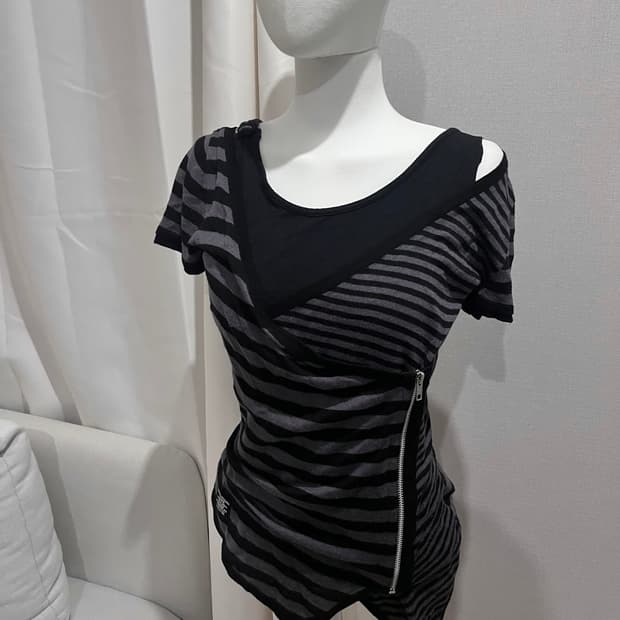 빈티지 스트라이프 지퍼 반소매탑 펑크단가라줄무늬y2k그런지