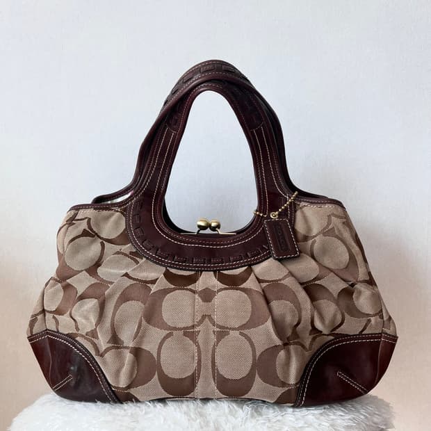 90s coach 다크 코코아 시그니처 자카드 레더 호보백 숄더백