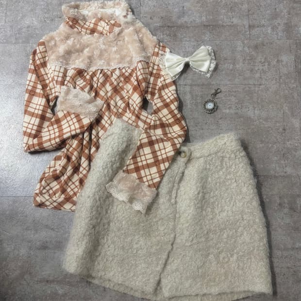 퍼 레이스 체크 패턴 니트 부클 스커트 2pcs SET