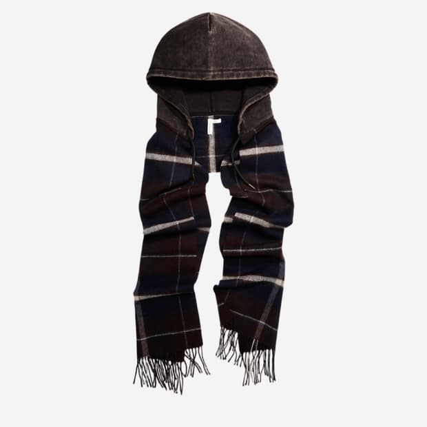 H&M 글렌마틴스 후드 울 스카프 다크 블루 체크
