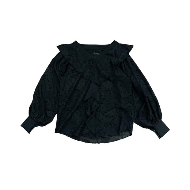 Big Shirring Black Lace Blouse