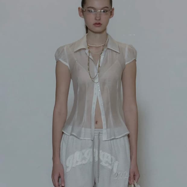 스컬프터 시스루 반팔 블라우스 화이트 M