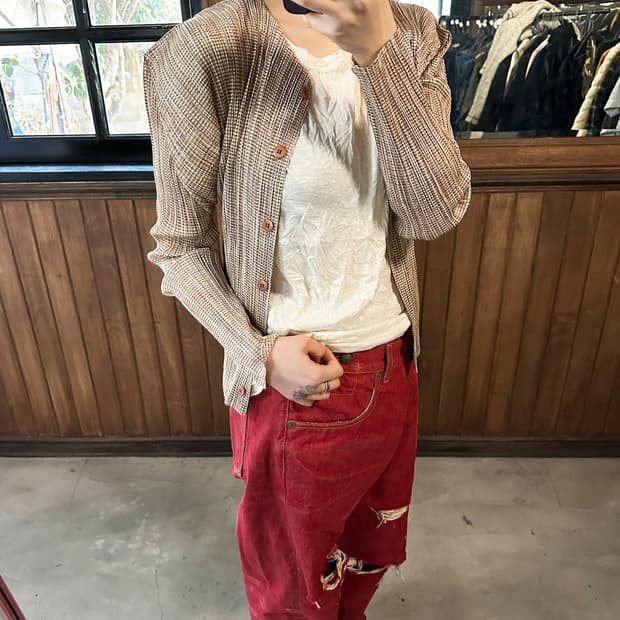 PLEATS PLEASE brown micro check cardigan