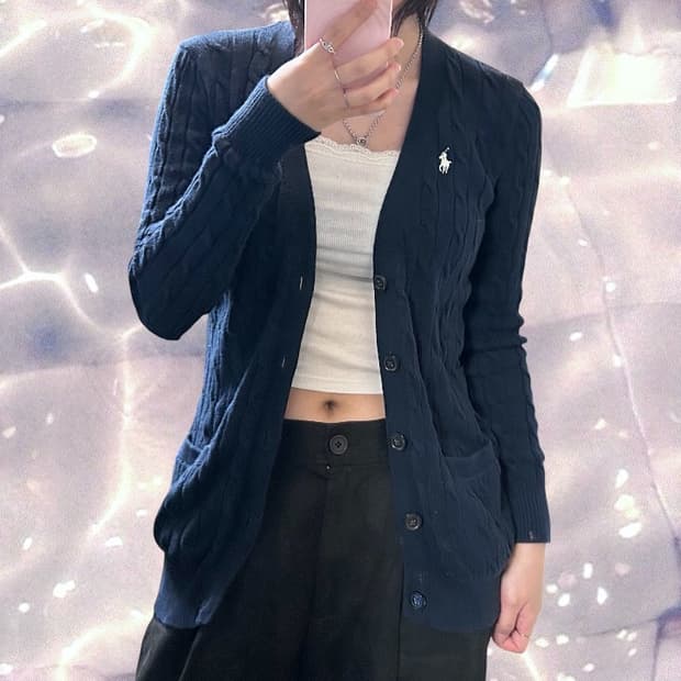폴로 랄프로렌 신형 큐알 브이넥 꽈배기 니트 가디건 네이비 S 