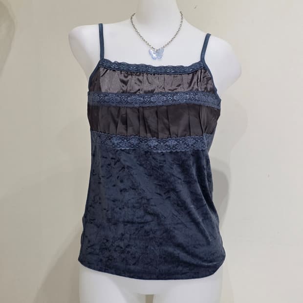 일본빈티지)블루x딥그린 벨벳 오네갸루 오리엔탈 레이스 슬리브리스탑