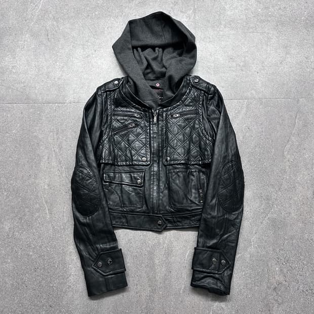 00’s 96 후디드 비건 레더 자켓
