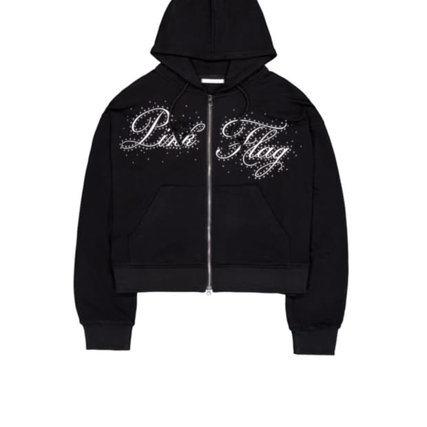 포어링 핑크 플래그 후드집업 블랙