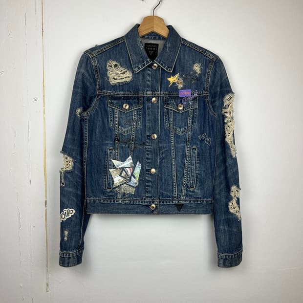 Guess 데미지 프린팅 디테일 데님 자켓 XS